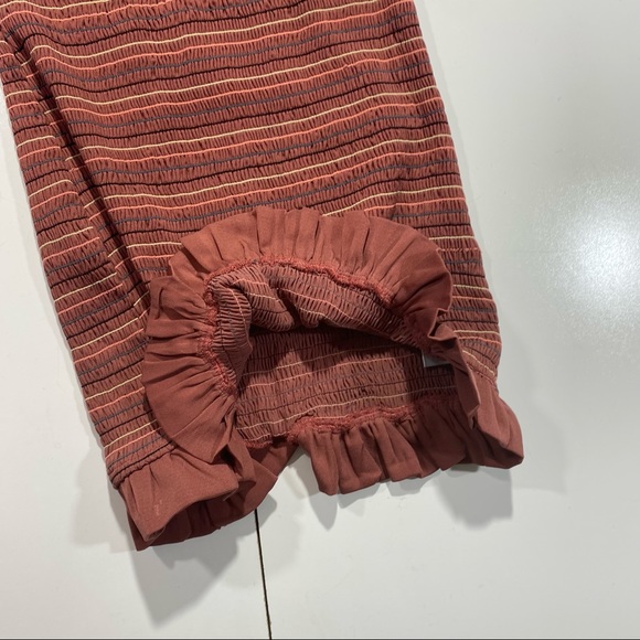 Storia Embroidered Striped Chai Smocked Ruffle Bottom Tie Sleeves Mini Dress S - Picture 10 of 16